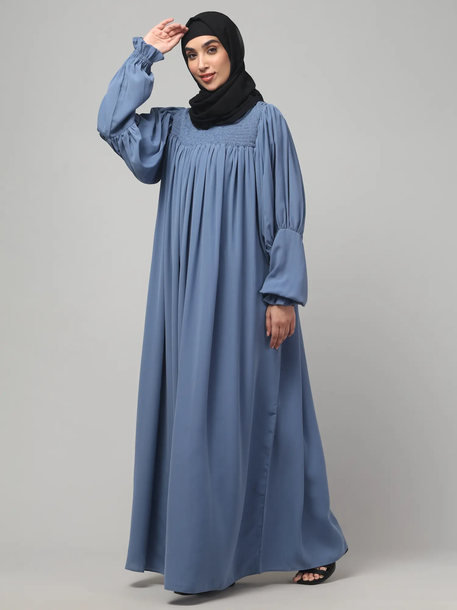 Ruffled High Neck Maxi Abaya in Denim Blue color, photo 3