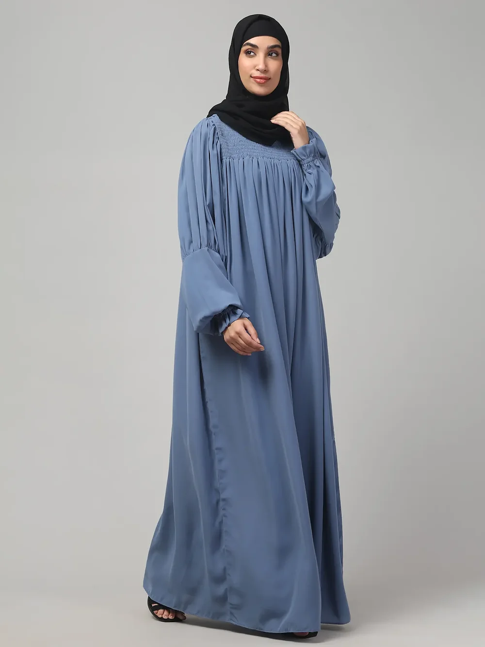 Ruffled High Neck Maxi Abaya in Denim Blue color, photo 4