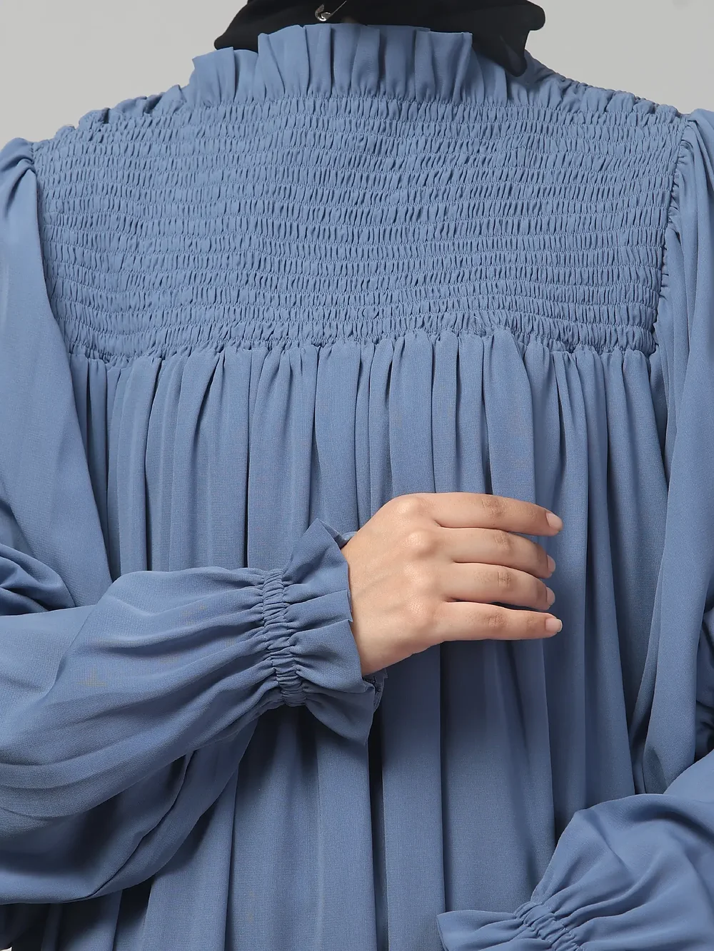 Ruffled High Neck Maxi Abaya in Denim Blue color, photo 5