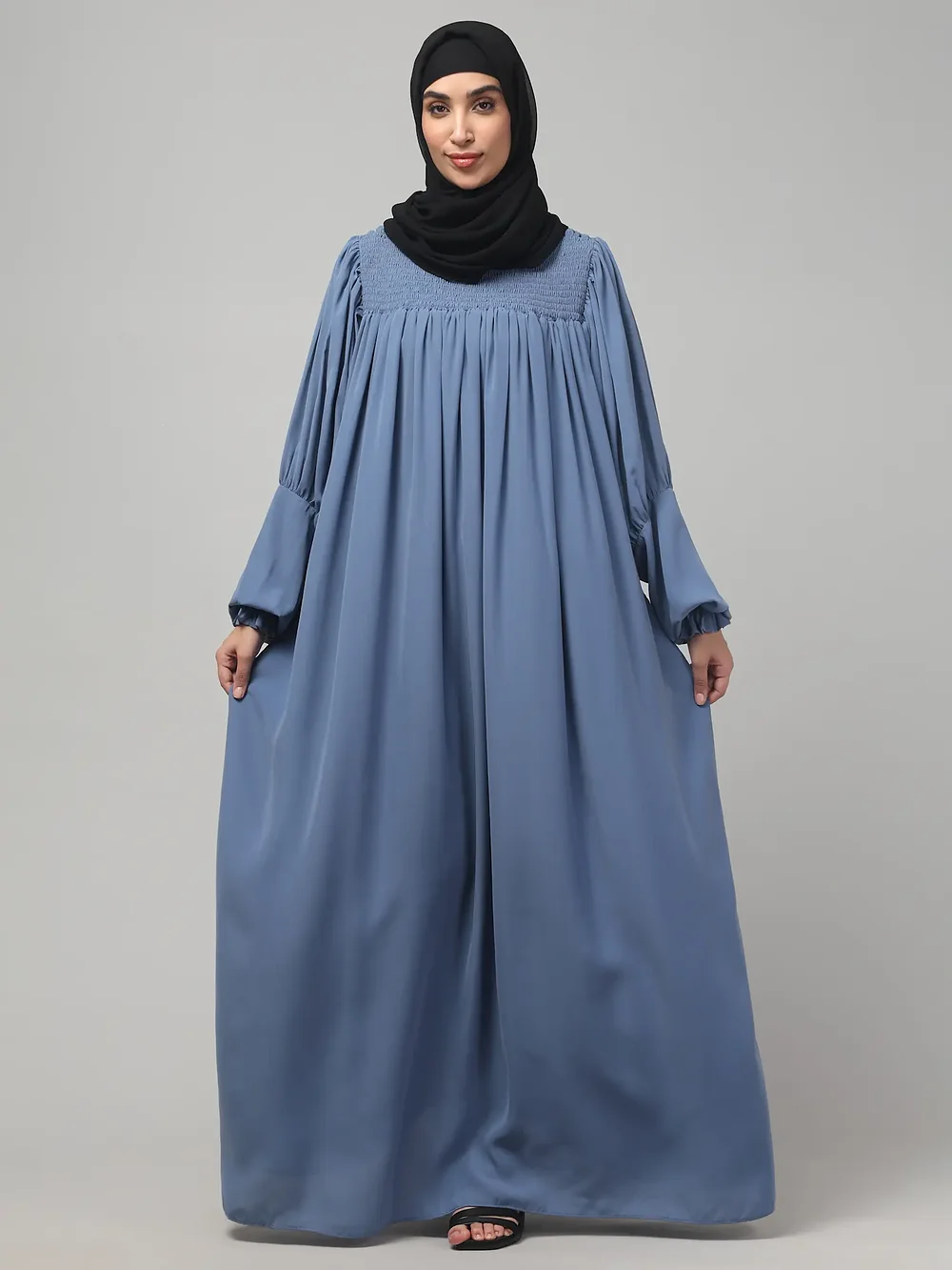 Ruffled High Neck Maxi Abaya in Denim Blue color, photo 6