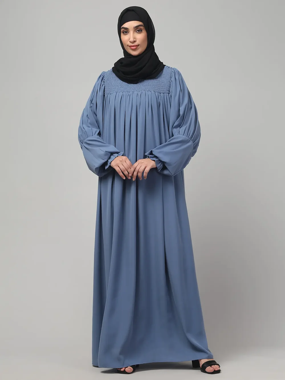 Ruffled High Neck Maxi Abaya in Denim Blue color, photo 7