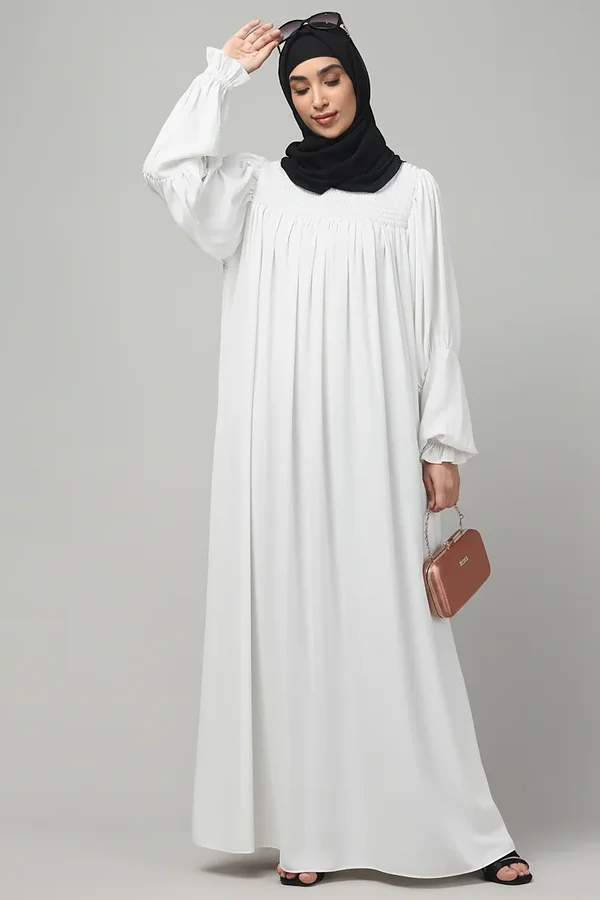 Ruffled High Neck Maxi Abaya in White color