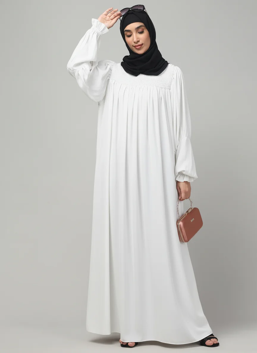 Ruffled High Neck Maxi Abaya in White color