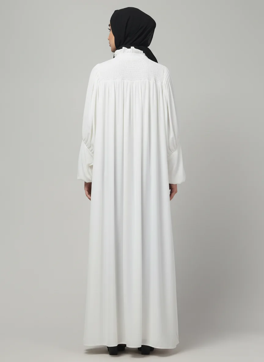 Ruffled High Neck Maxi Abaya in White color, photo 2
