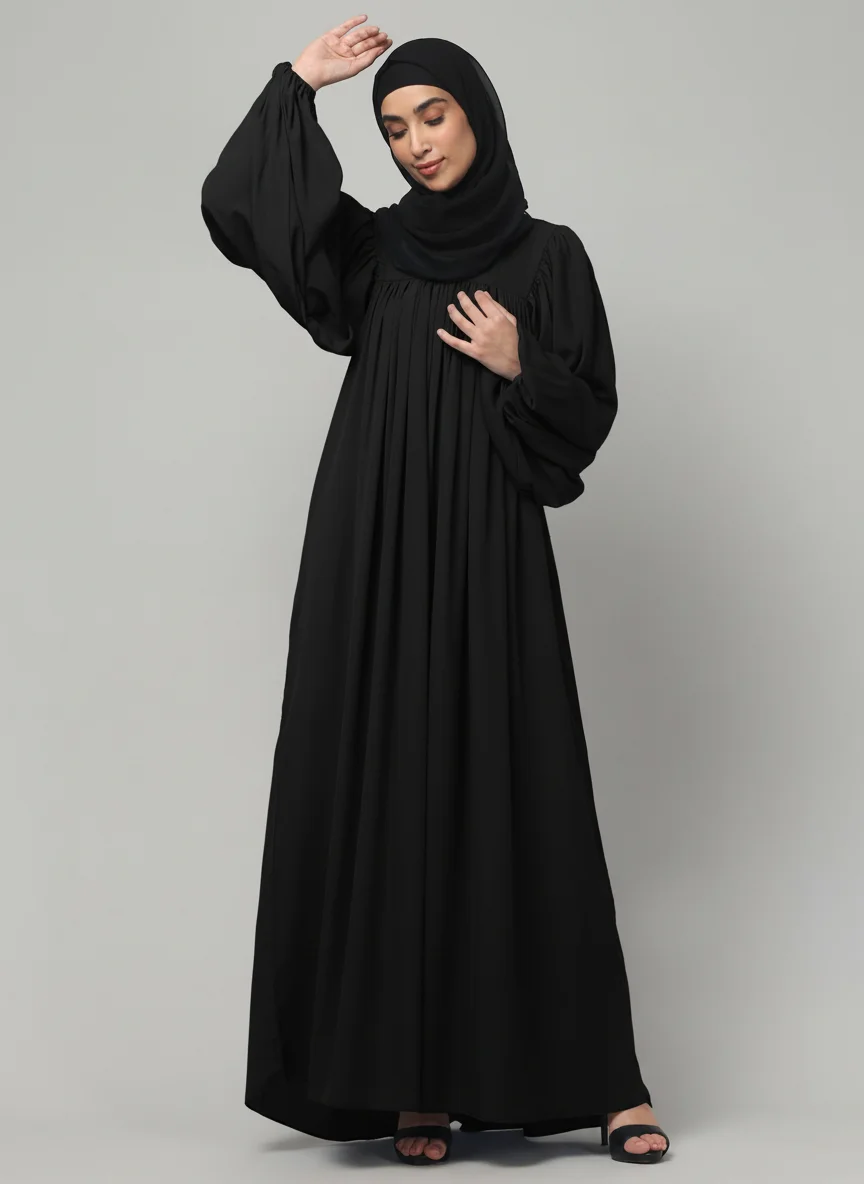Balloon Sleeve Maxi Abaya in Black color