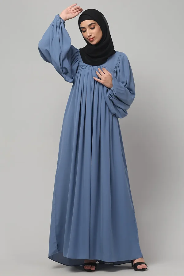 Balloon Sleeve Maxi Abaya in Denim Blue color