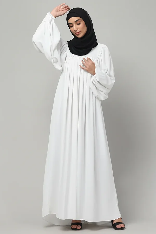 Balloon Sleeve Maxi Abaya in White color