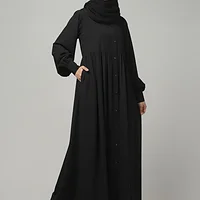 Front Open Gathered Abaya with Mandarin Collar in Black color