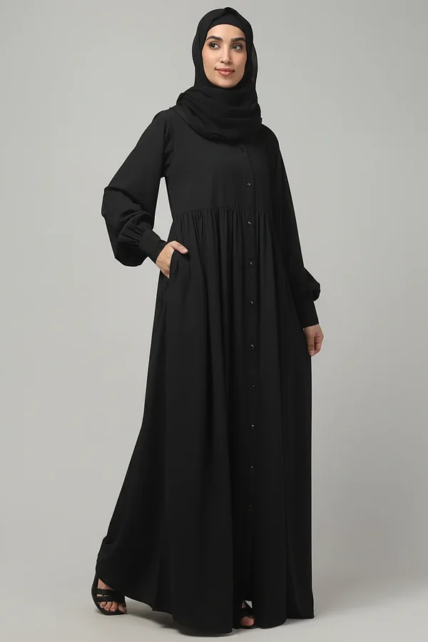 Front Open Gathered Abaya with Mandarin Collar in Black color