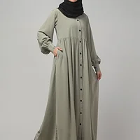 Front Open Gathered Abaya with Mandarin Collar in Grey Olive color
