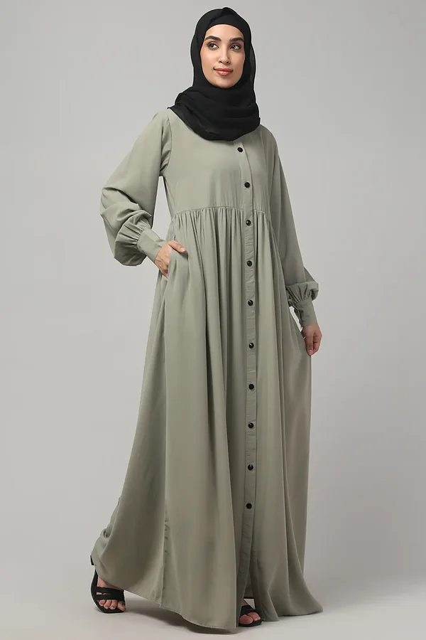 Front Open Gathered Abaya with Mandarin Collar in Grey Olive color
