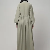 Front Open Gathered Abaya with Mandarin Collar in Grey Olive color, photo 2