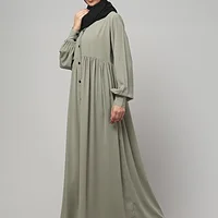 Front Open Gathered Abaya with Mandarin Collar in Grey Olive color, photo 3
