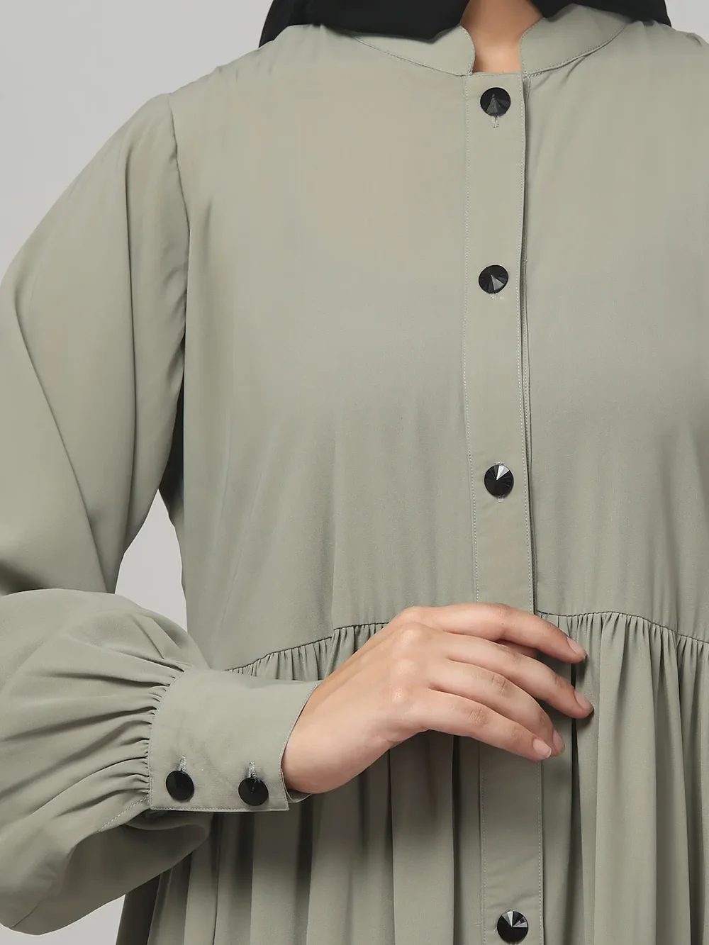 Front Open Gathered Abaya with Mandarin Collar in Grey Olive color, photo 4