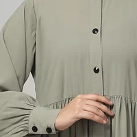 Front Open Gathered Abaya with Mandarin Collar in Grey Olive color, photo 4