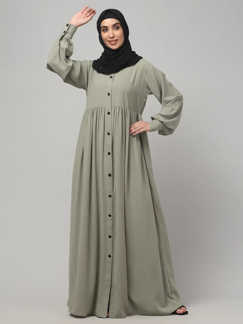 Front Open Gathered Abaya with Mandarin Collar in Grey Olive color, photo 5