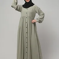 Front Open Gathered Abaya with Mandarin Collar in Grey Olive color, photo 5