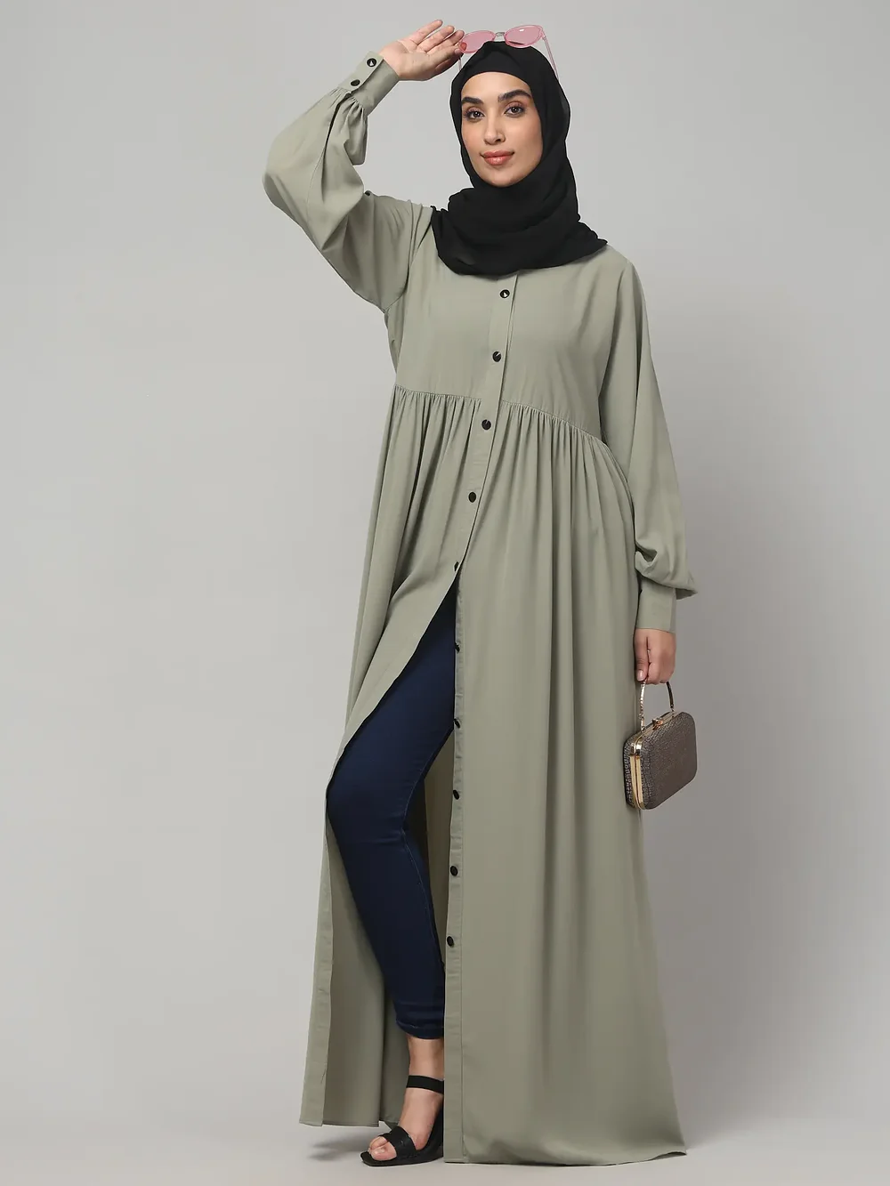 Front Open Gathered Abaya with Mandarin Collar in Grey Olive color, photo 6