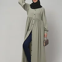 Front Open Gathered Abaya with Mandarin Collar in Grey Olive color, photo 6