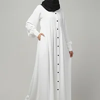 Front Open Gathered Abaya with Mandarin Collar in White color
