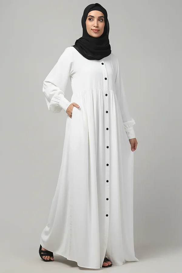 Front Open Gathered Abaya with Mandarin Collar in White color