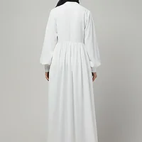 Front Open Gathered Abaya with Mandarin Collar in White color, photo 2