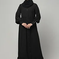 Frill Front Open Abaya with Long Cuffs in Black color