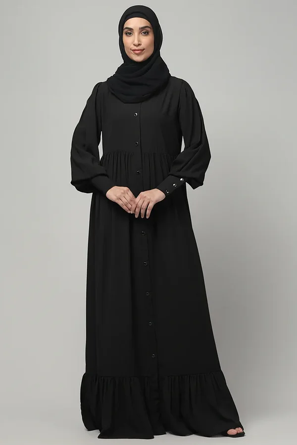 Frill Front Open Abaya with Long Cuffs in Black color