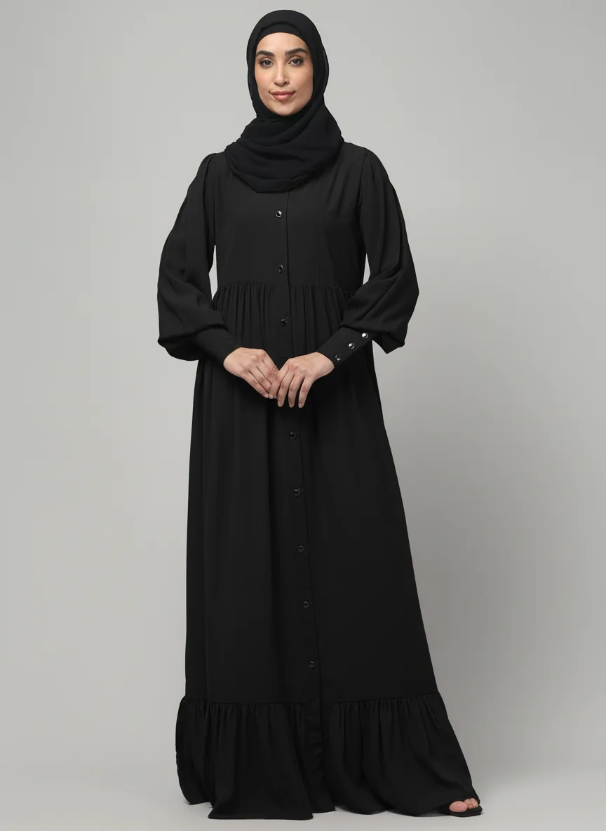 Frill Front Open Abaya with Long Cuffs in Black color