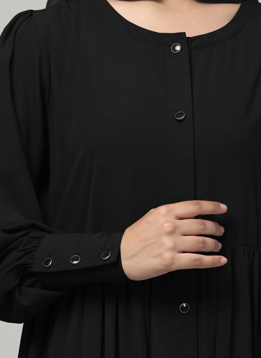 Frill Front Open Abaya with Long Cuffs in Black color, photo 2