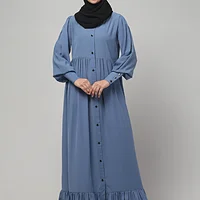 Frill Front Open Abaya with Long Cuffs in Denim Blue color