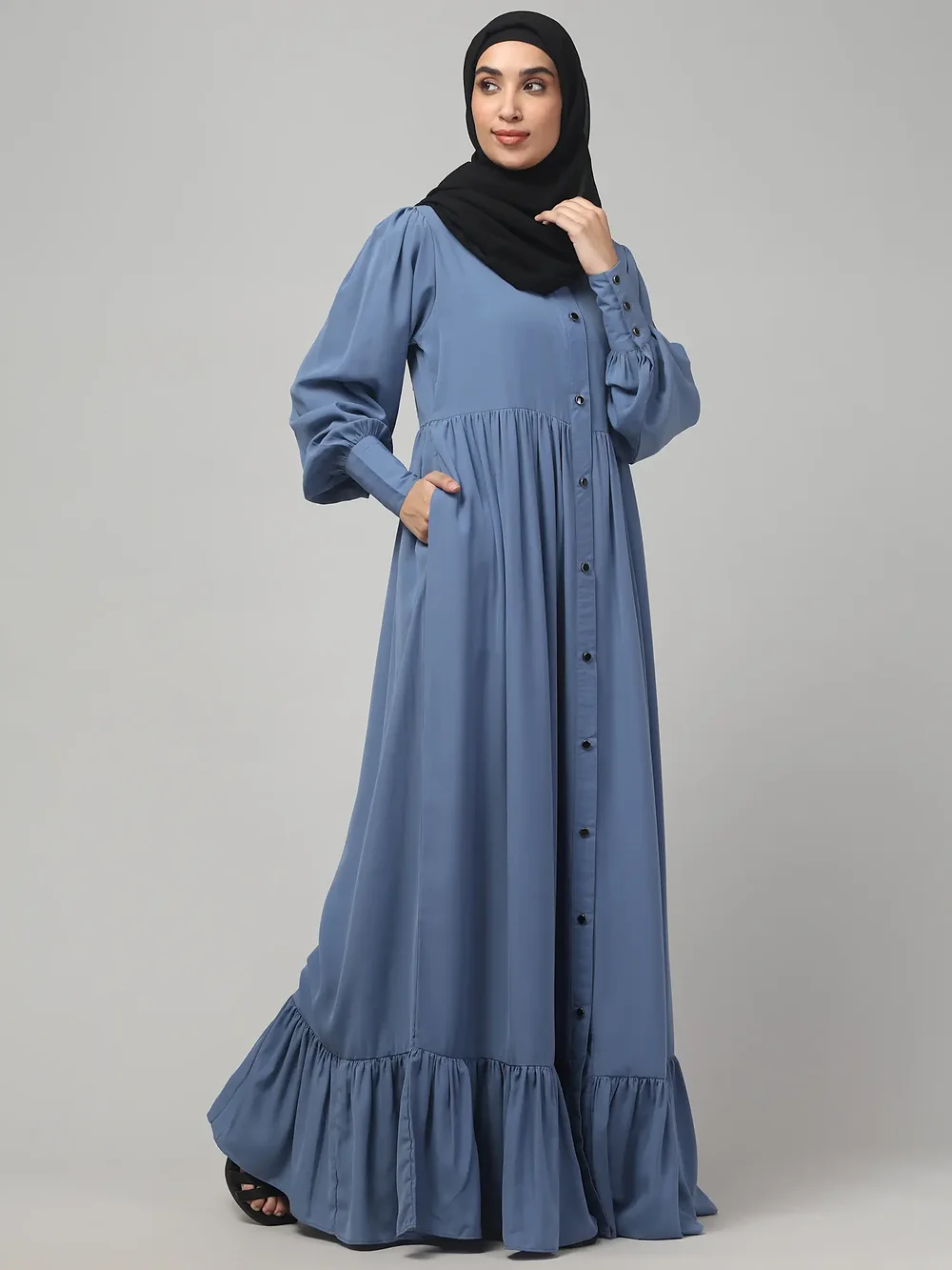 Frill Front Open Abaya with Long Cuffs in Denim Blue color, photo 4