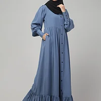 Frill Front Open Abaya with Long Cuffs in Denim Blue color, photo 4
