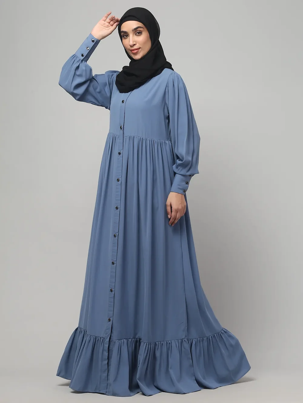 Frill Front Open Abaya with Long Cuffs in Denim Blue color, photo 5