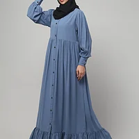 Frill Front Open Abaya with Long Cuffs in Denim Blue color, photo 5