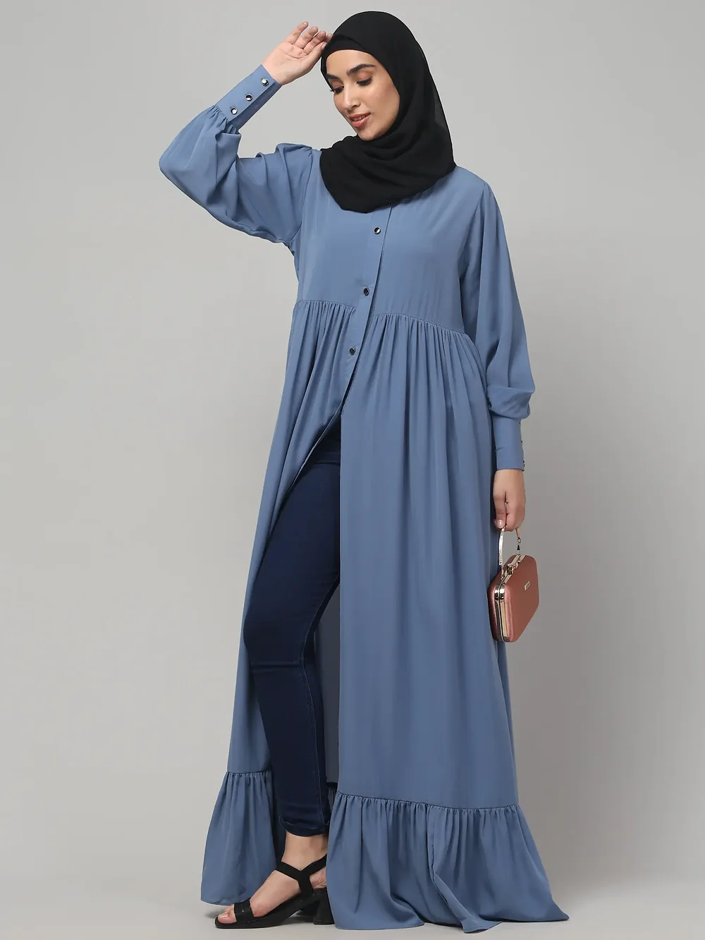 Frill Front Open Abaya with Long Cuffs in Denim Blue color, photo 6