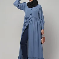 Frill Front Open Abaya with Long Cuffs in Denim Blue color, photo 6