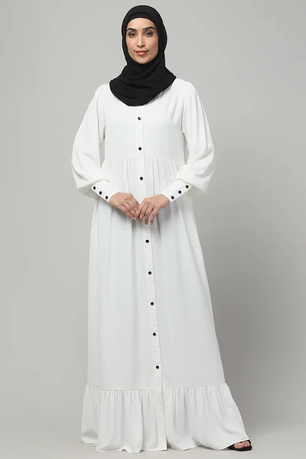 Frill Front Open Abaya with Long Cuffs in White color