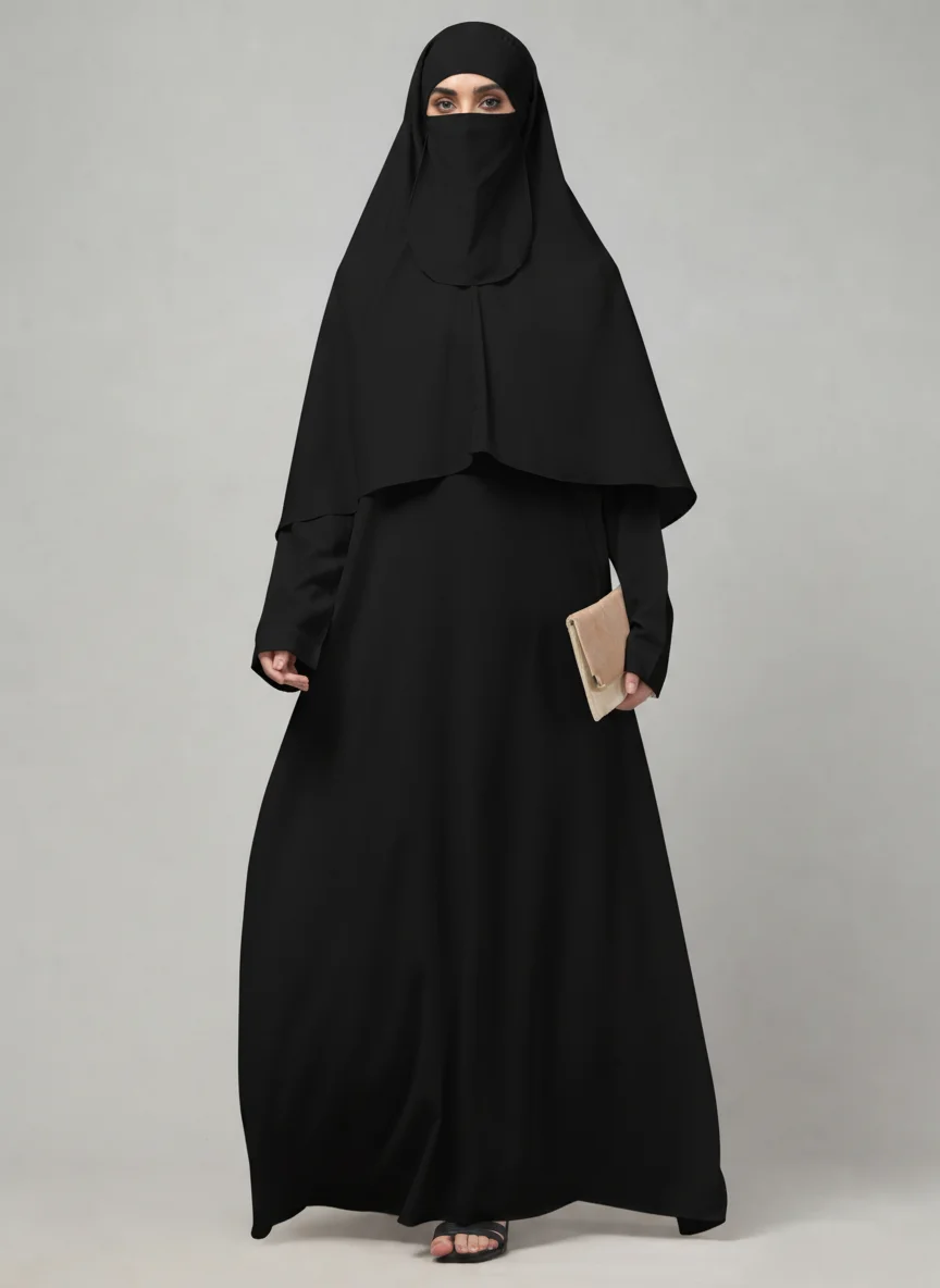 3 Piece Khimar Abaya Set with Nose Piece in Black color