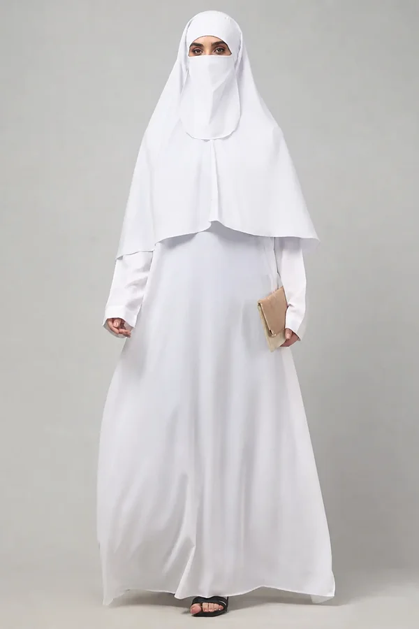 3 Piece Khimar Abaya Set with Nose Piece in White color
