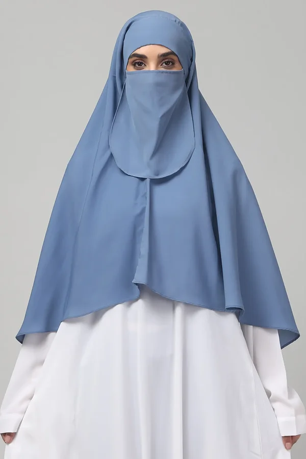 Khimar with Round Bottom Nose Piece in Denim Blue color
