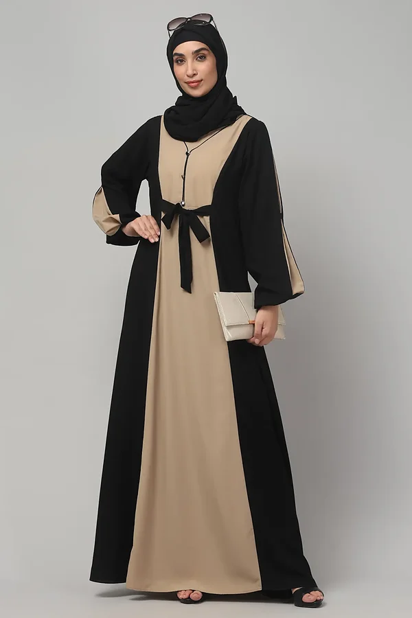 Dual Color Abaya with Waist Belt in Khaki Black color