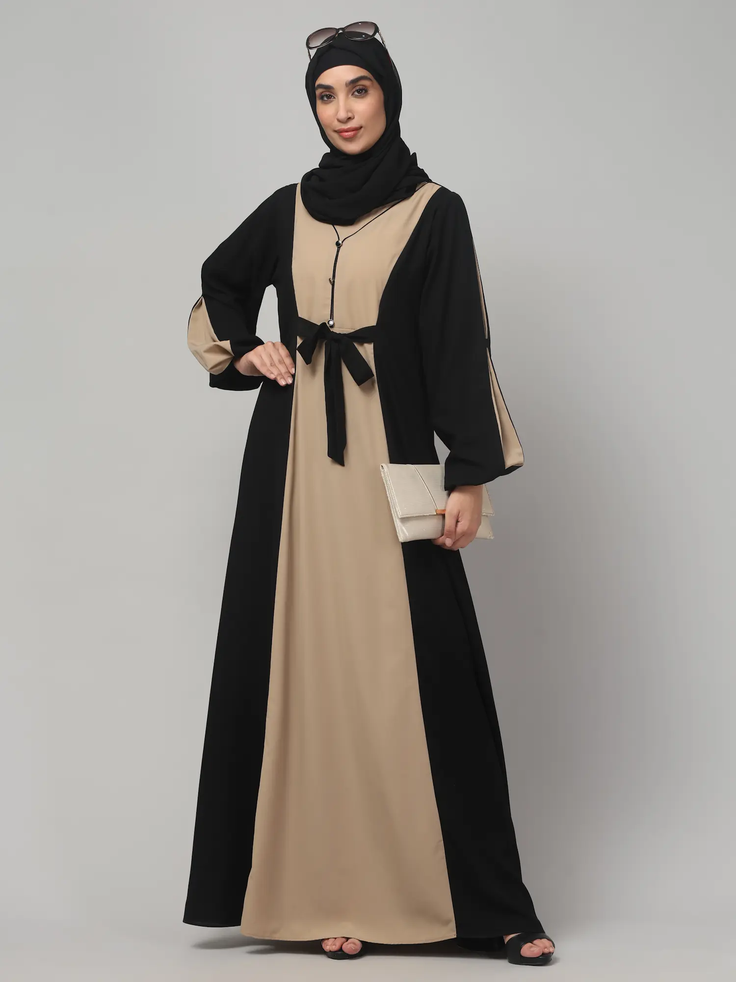 Dual Color Abaya with Waist Belt in Khaki Black color