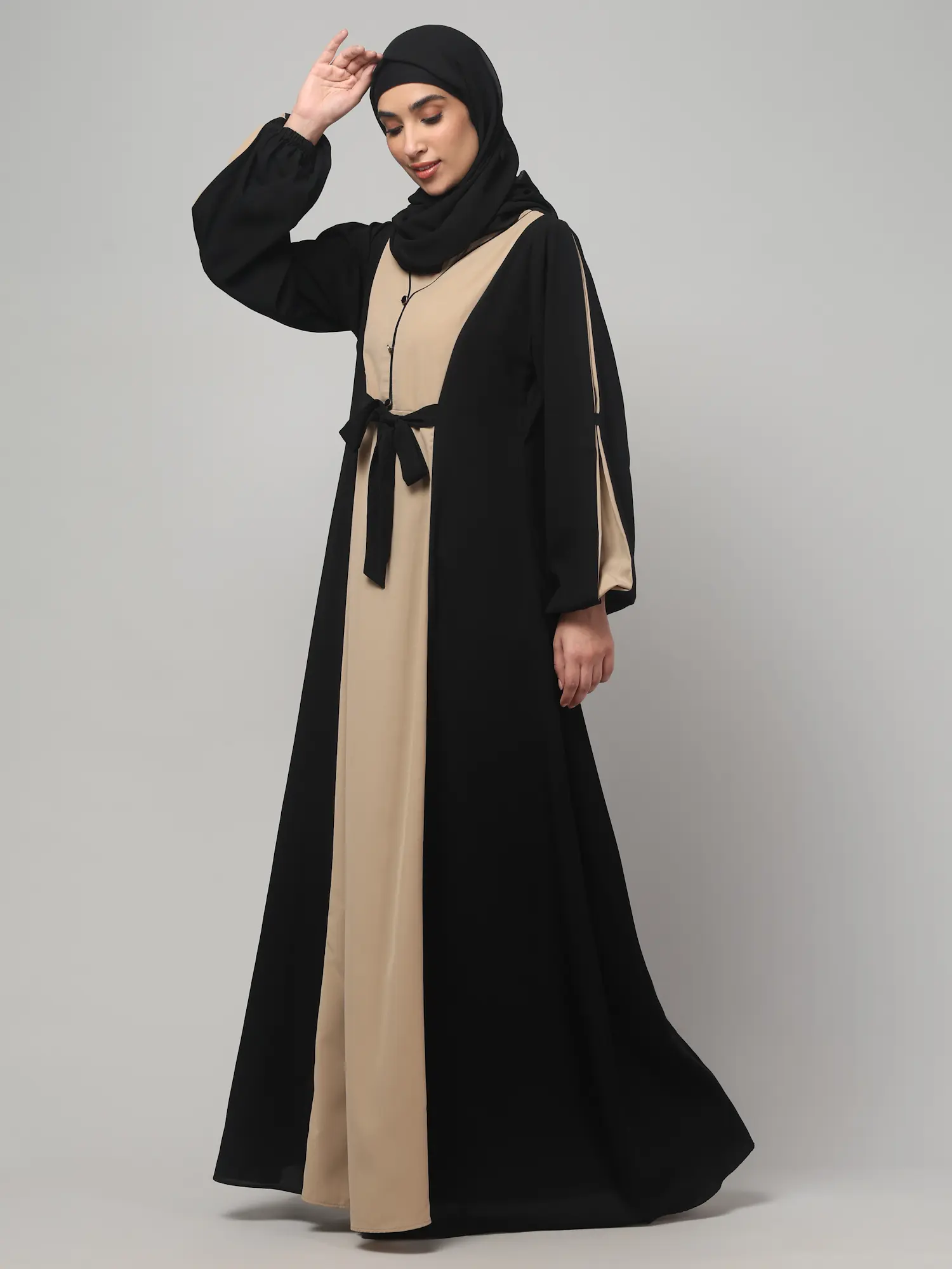 Dual Color Abaya with Waist Belt in Khaki Black color, photo 3