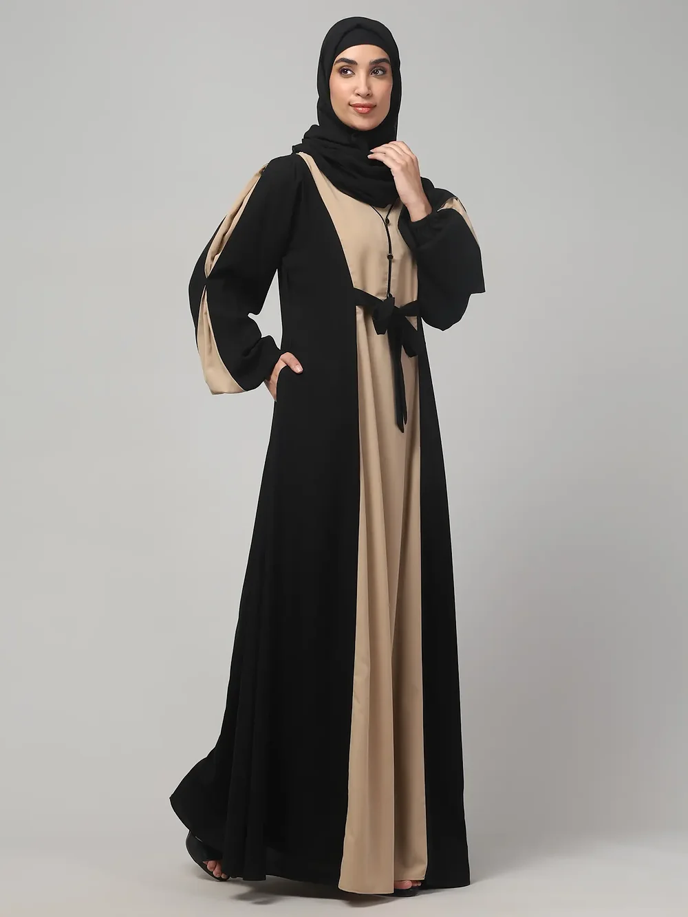 Dual Color Abaya with Waist Belt in Khaki Black color, photo 4