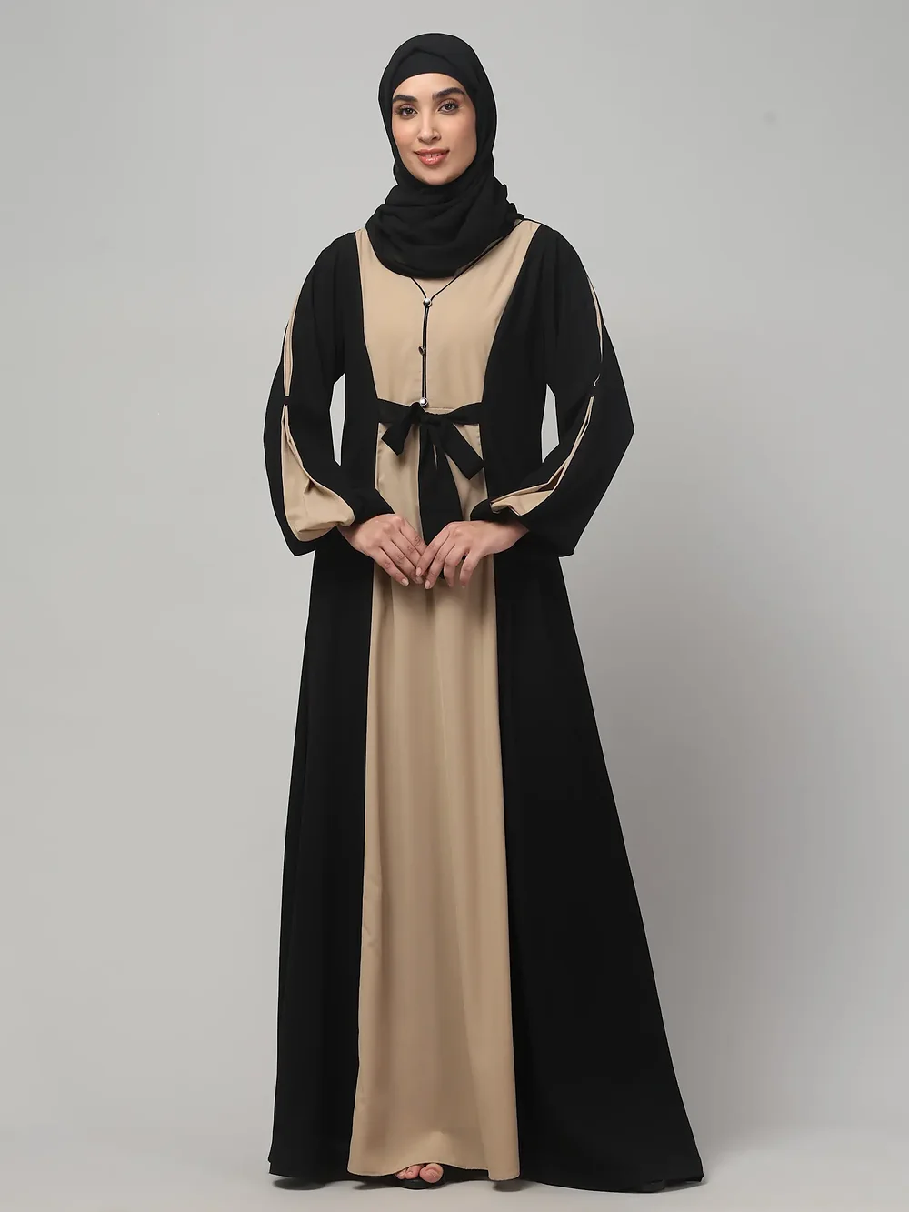 Dual Color Abaya with Waist Belt in Khaki Black color, photo 6