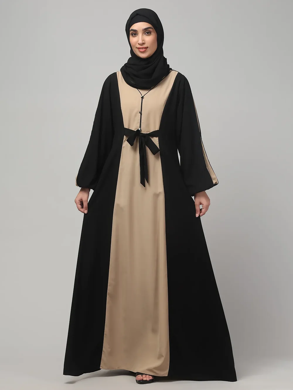 Dual Color Abaya with Waist Belt in Khaki Black color, photo 7