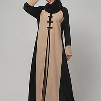 Striped Abaya with Color Block Chest in Khaki Black color
