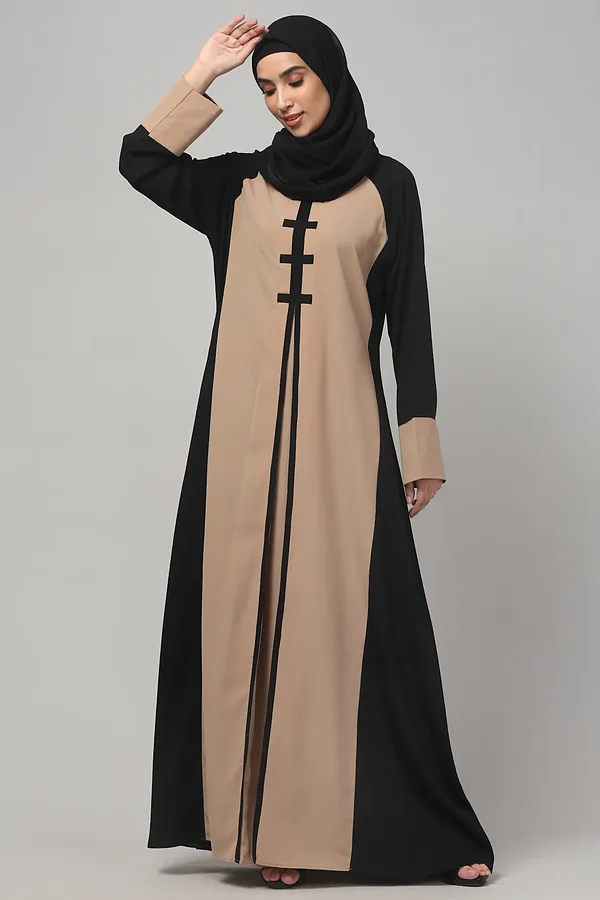Striped Abaya with Color Block Chest in Khaki Black color