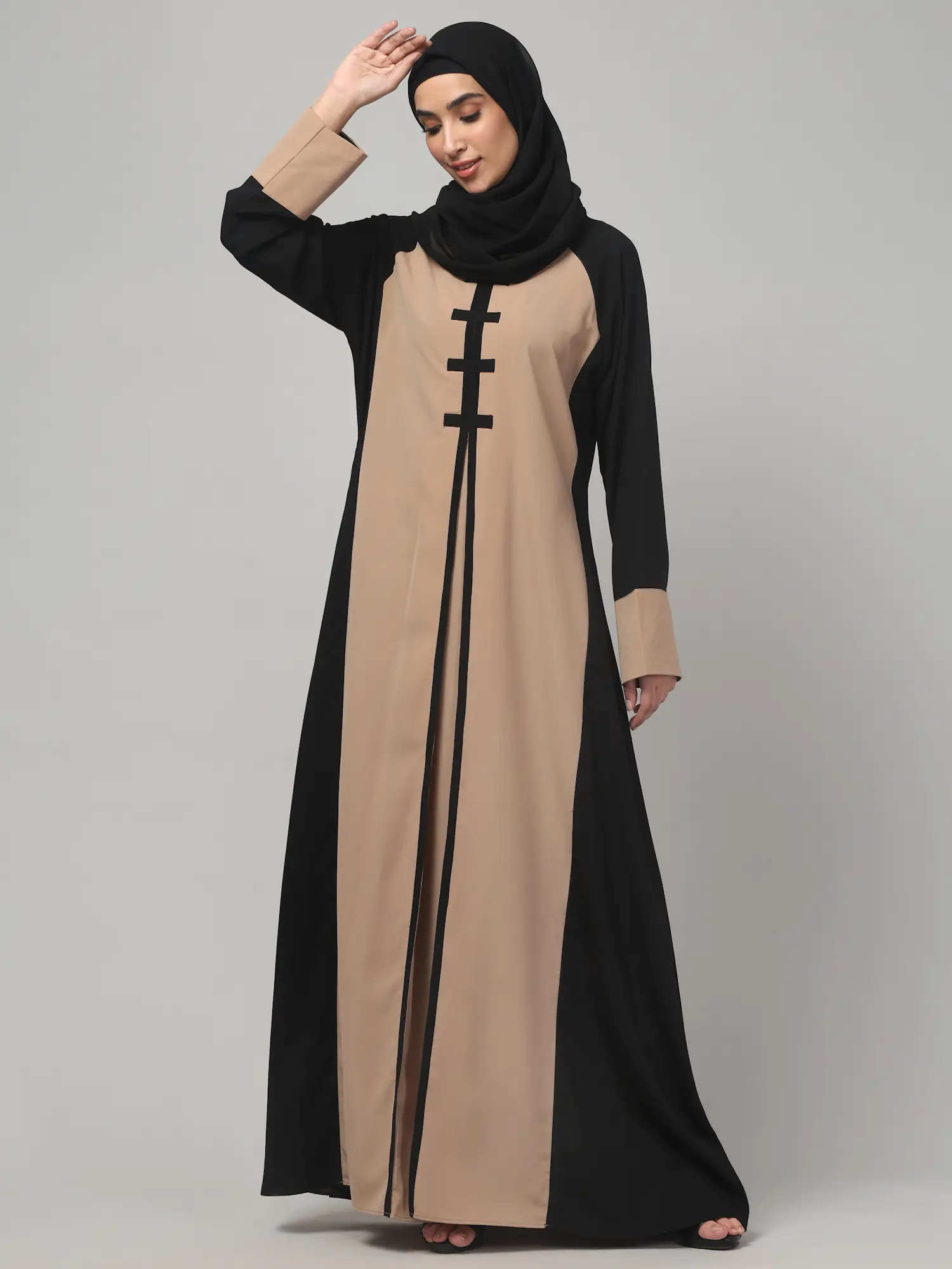 Striped Abaya with Color Block Chest in Khaki Black color